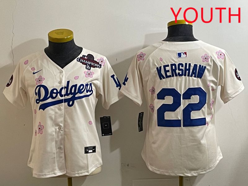 Youth Los Angeles Dodgers #22 Kershaw Cream Sakura Edition 2025 Nike MLB Jersey style 6->youth mlb jersey->Youth Jersey